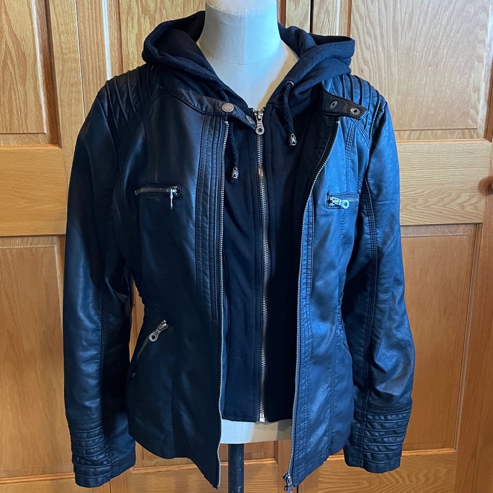 Lock & Love Black Leather Biker Jacket with Removable Hoodie